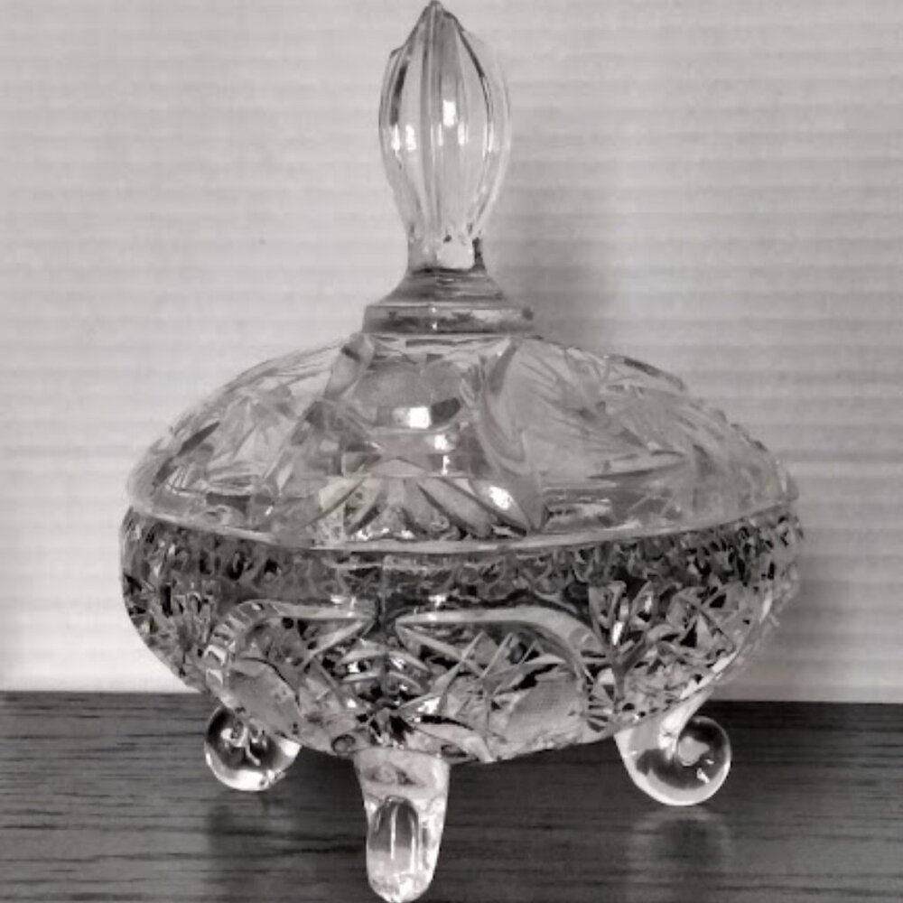 Vintage Pinwheel Crystal Triangle Dish with Lid SEE DESCRIPTION